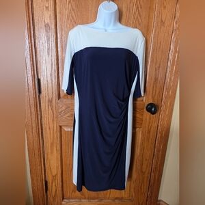 Chaps Navy & Cream Dress w Left Side Ruching, EUC, XL